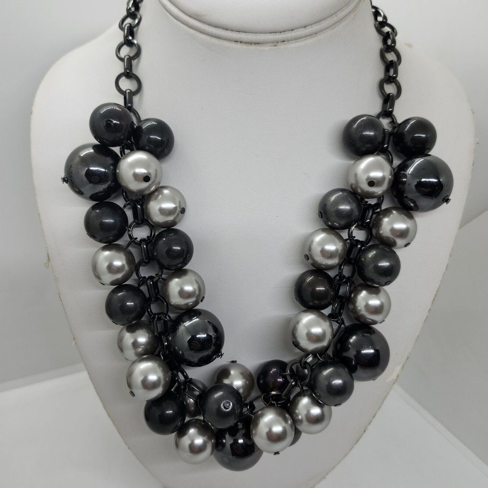 Black And Silver Tone Beaded Statement Necklace